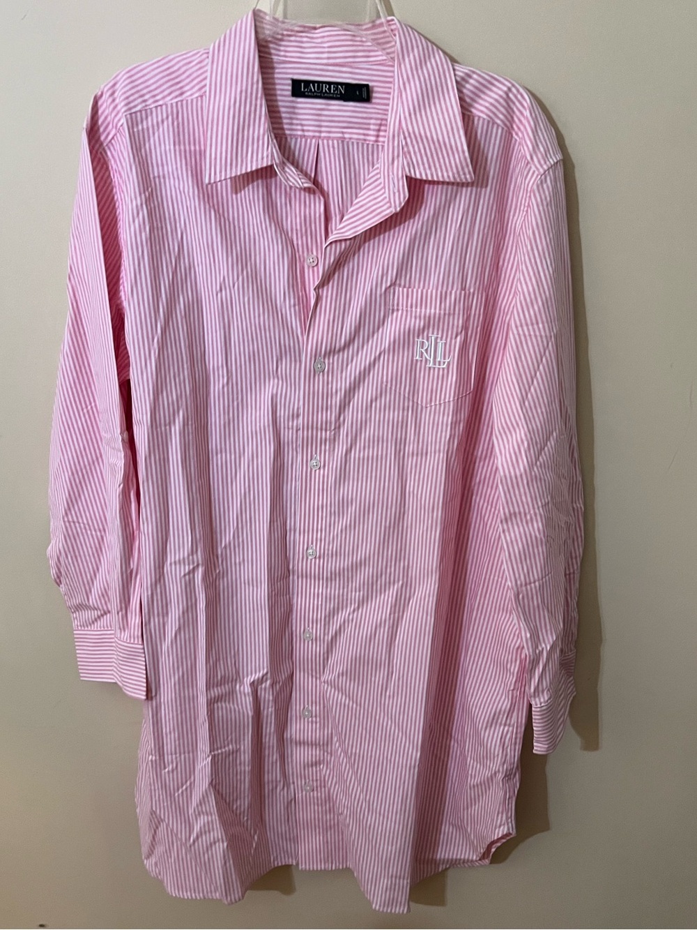 Lauren Ralph Lauren Striped Cotton Poplin Sleep Shirt Pink Size L